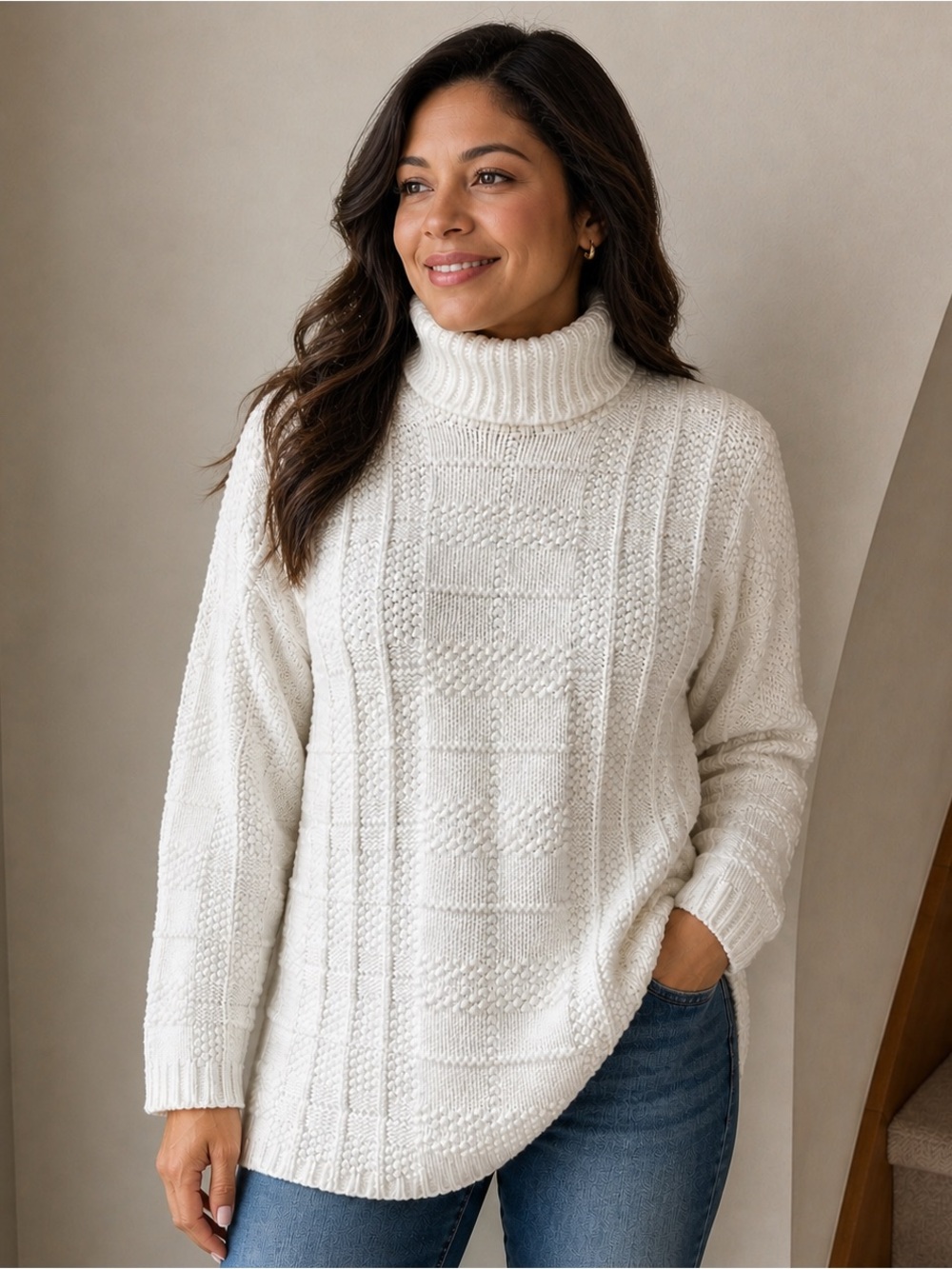 525 America Turtleneck Sweater Women's L Chunky Knit Made USA Cotton Fisherman